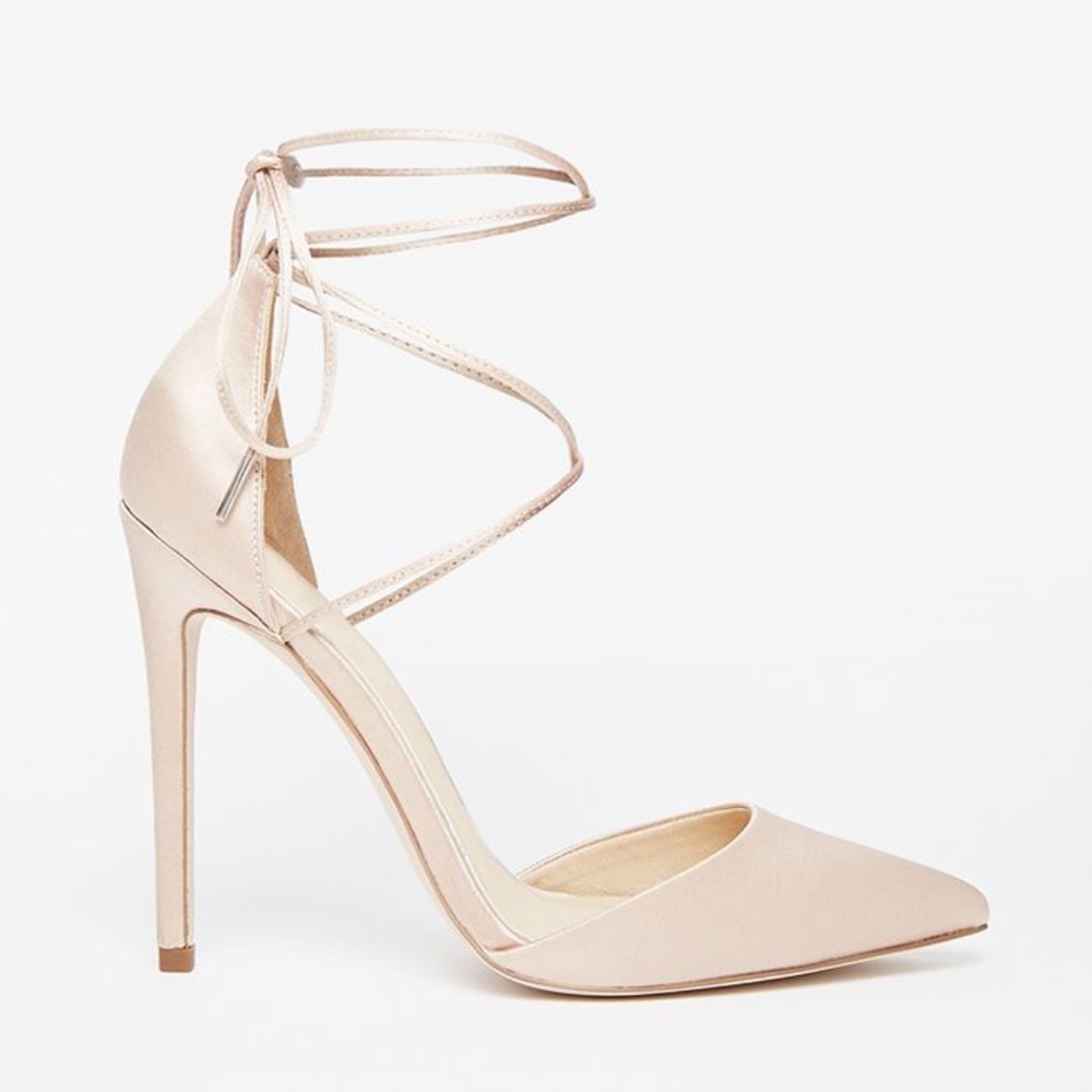 Nude Pink Promises Lace Up Pointed High Heels Pump